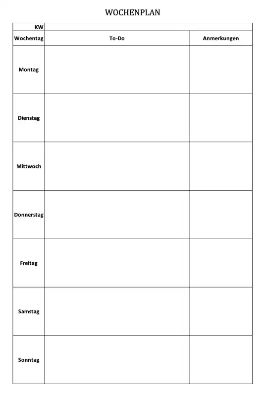 Wochenplan als Excel-Vorlage im Hochformat