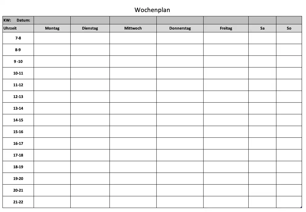 Wochenplan als Excel Vorlage oder als PDF (Screenshot)