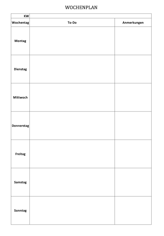 Wochenplan als Excel-Vorlage im Hochformat