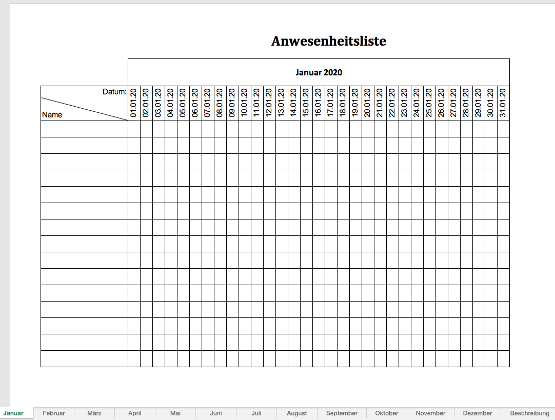 Excel Vorlage Anwesenheitsliste Kostenlos