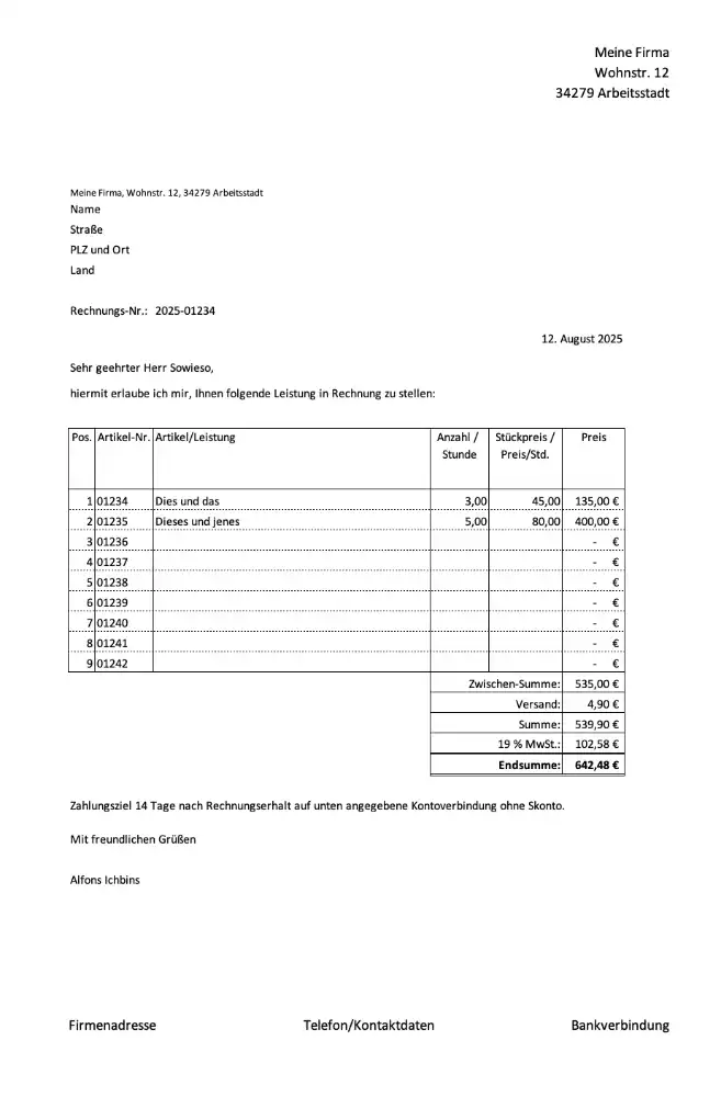 Rechnungs-Vorlage als Excel-Datei (Screenshot)