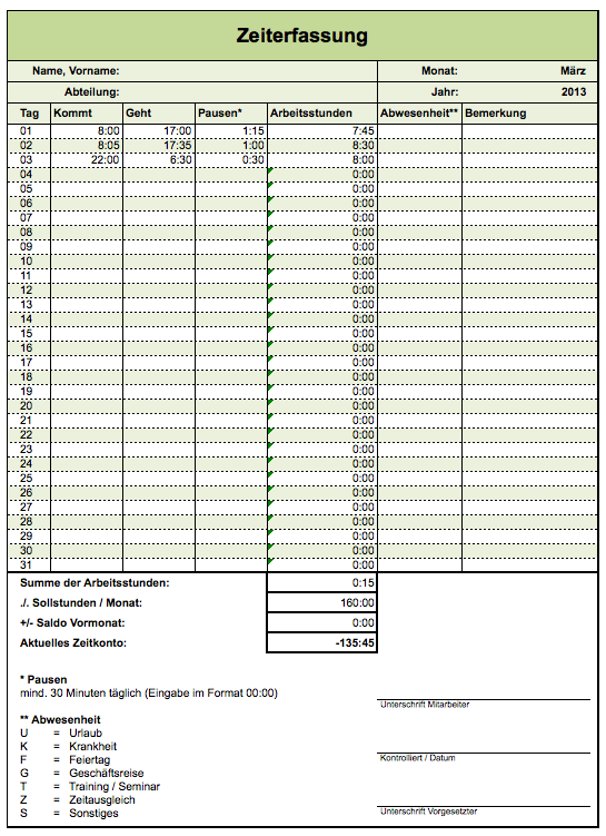 Excel-Vorlage für die Arbeitszeiterfassung