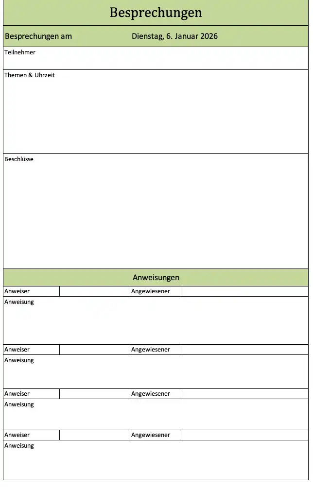 Bautagebuch - Besprechungen für das Bauprojekt (Bildschirmfoto der Excel-Vorlage bzw. des Arbeitsblattes)