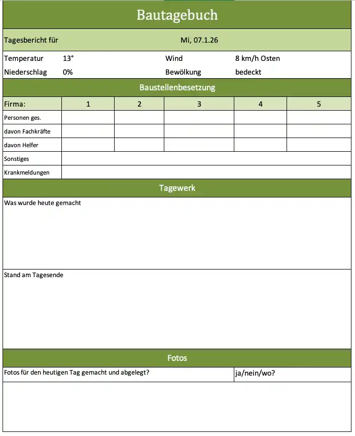 Bautagebuch ausführlich für einen Tag
