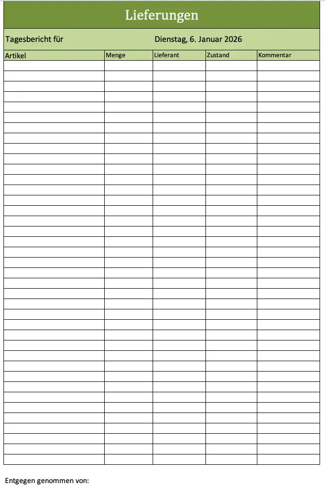 Bautagebuch - Lieferungen erfassen - Bildschirmfoto der Excel-Vorlage