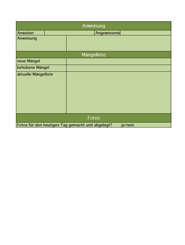 Excel Vorlage für ein Bautagebuch