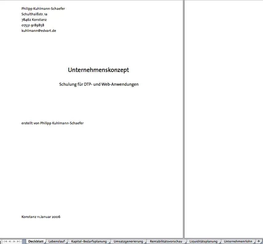 Businessplan Excel-Vorlage - Arbeitsblatt: Deckblatt
