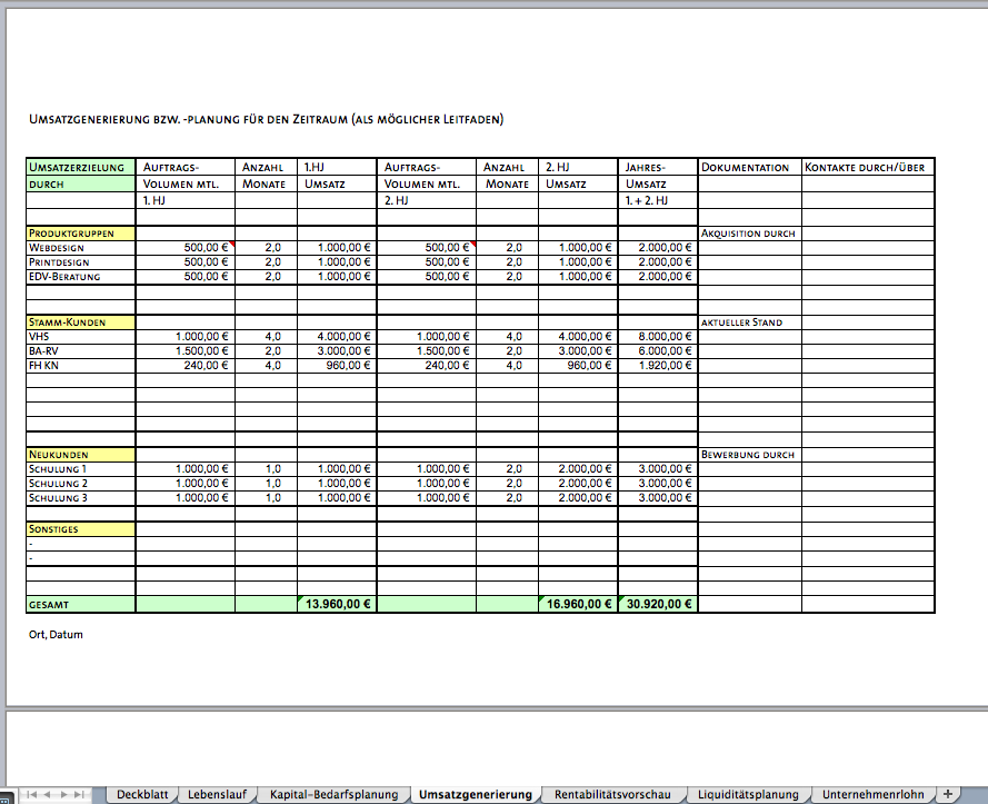 Businessplan Als Excel Vorlage