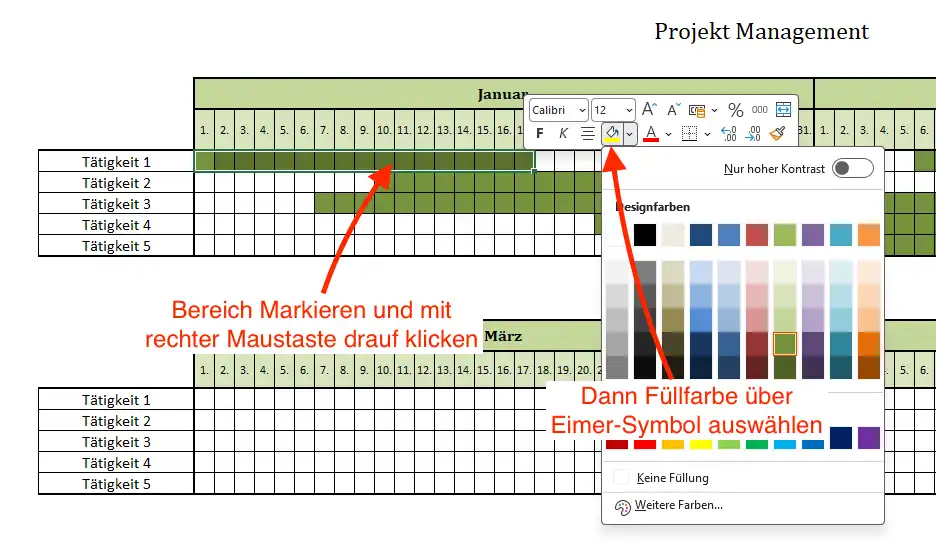 Anpassung der Zellfarbe in der Excel-Vorlage Projektmanagement