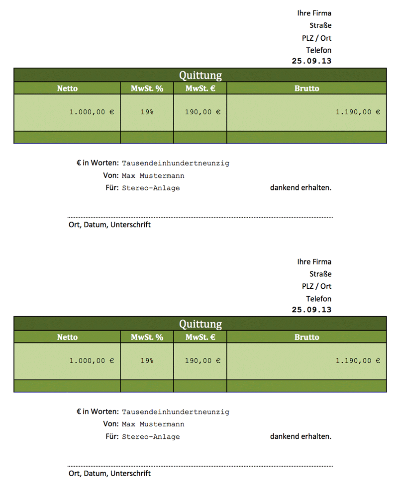 Excel-Vorlagen Quittung | Excel Vorlagen für jeden Zweck