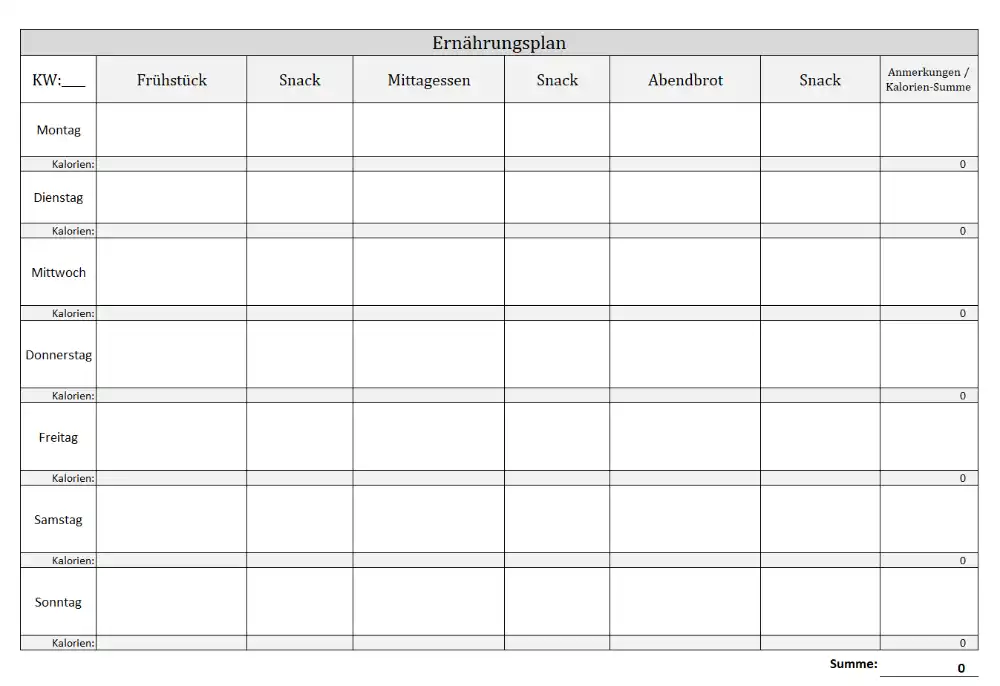 Ernährungsplaner mit Kalorien-Erfassung (Screenshot der Excel-Vorlage)
