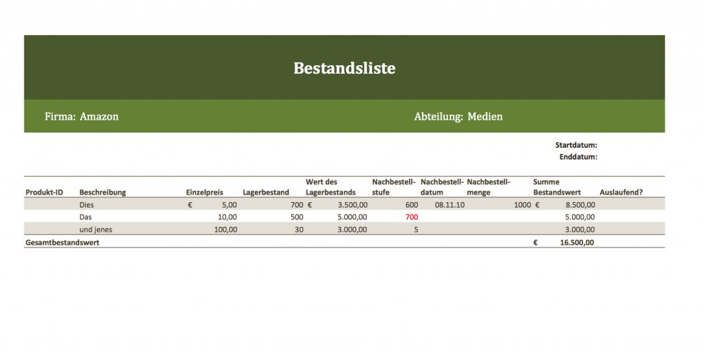 Excel-Vorlage Inventarliste