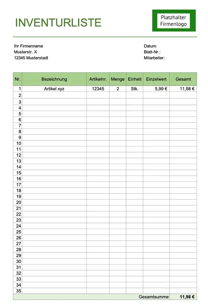 Inventurliste - Screenshot der kostenlosen Excel-Vorlage