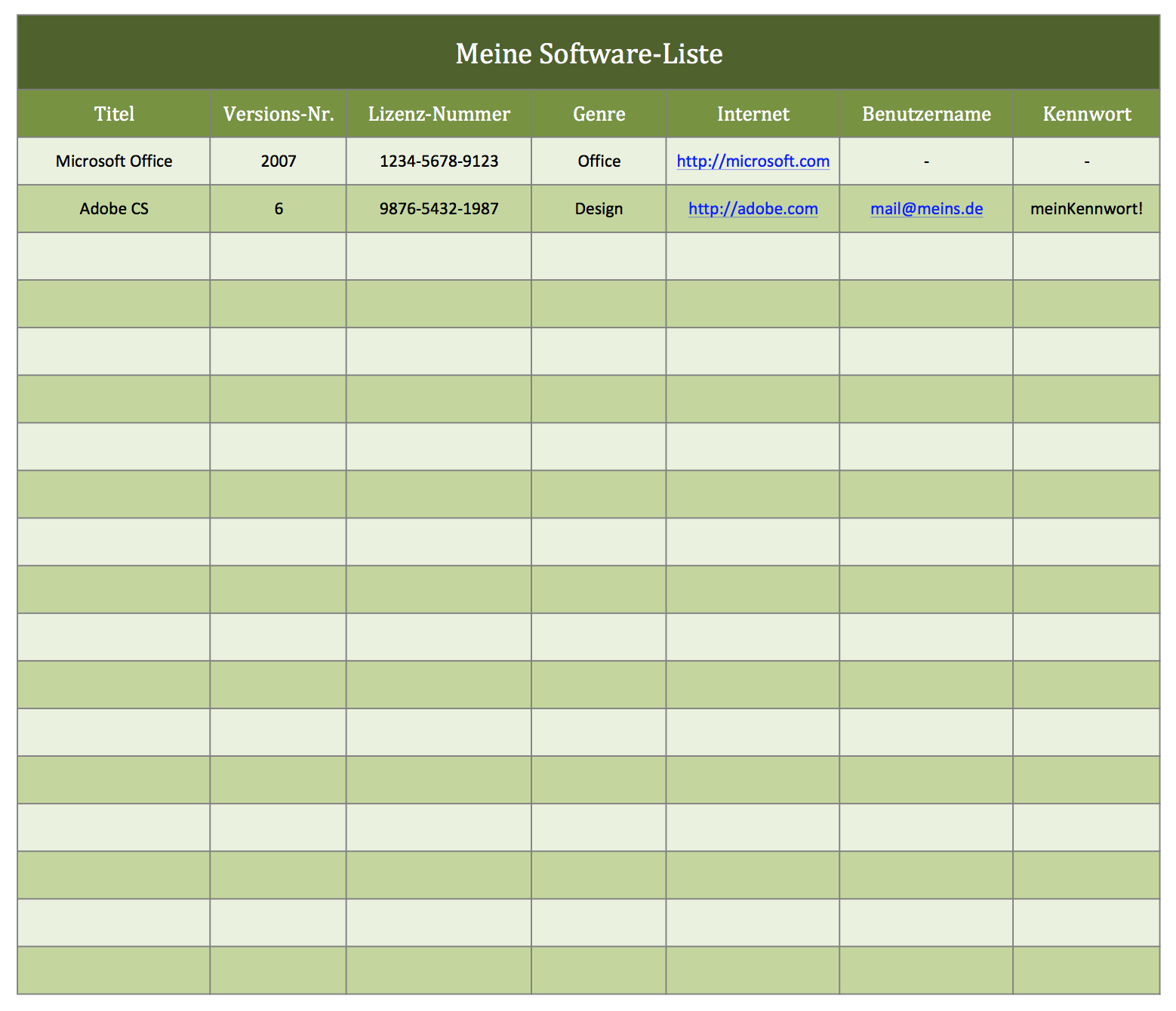 Software-Katalog als Excel-Vorlage