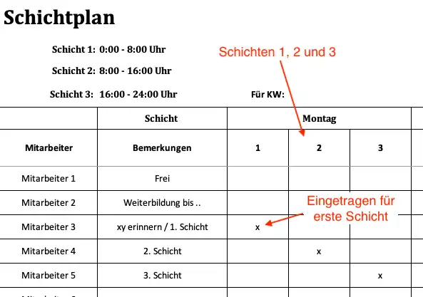 Details der Excelvorlage Schichtplan