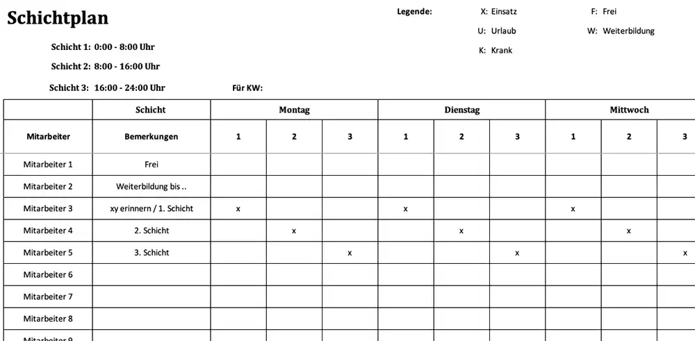 Mitarbeiter-Dienstplan als Excelvorlage