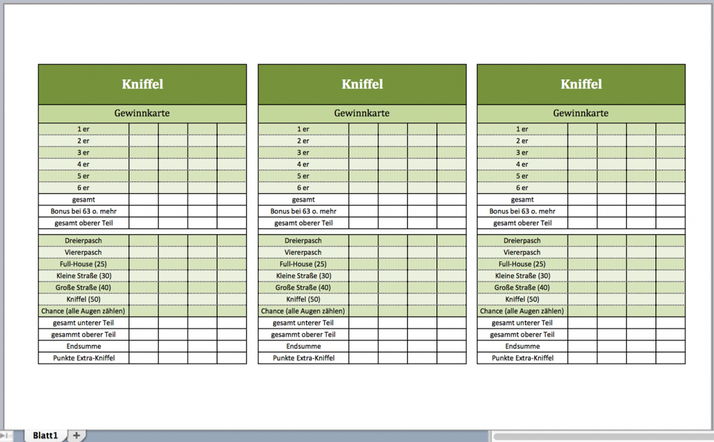 Kniffel Excel Vorlage