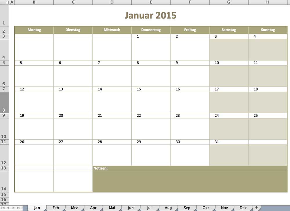 Kalender  Excel Vorlagen für jeden Zweck