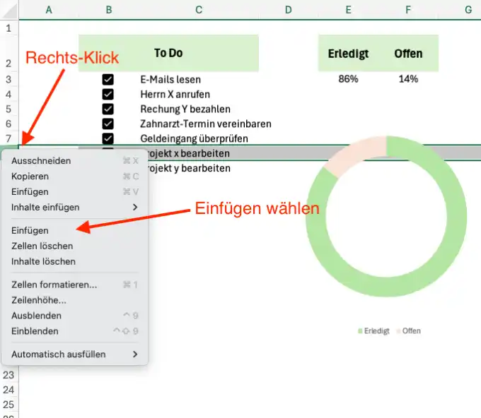 Neue Aufgabe in die Liste einfügen über rechte Maustaste und "Einfügen"