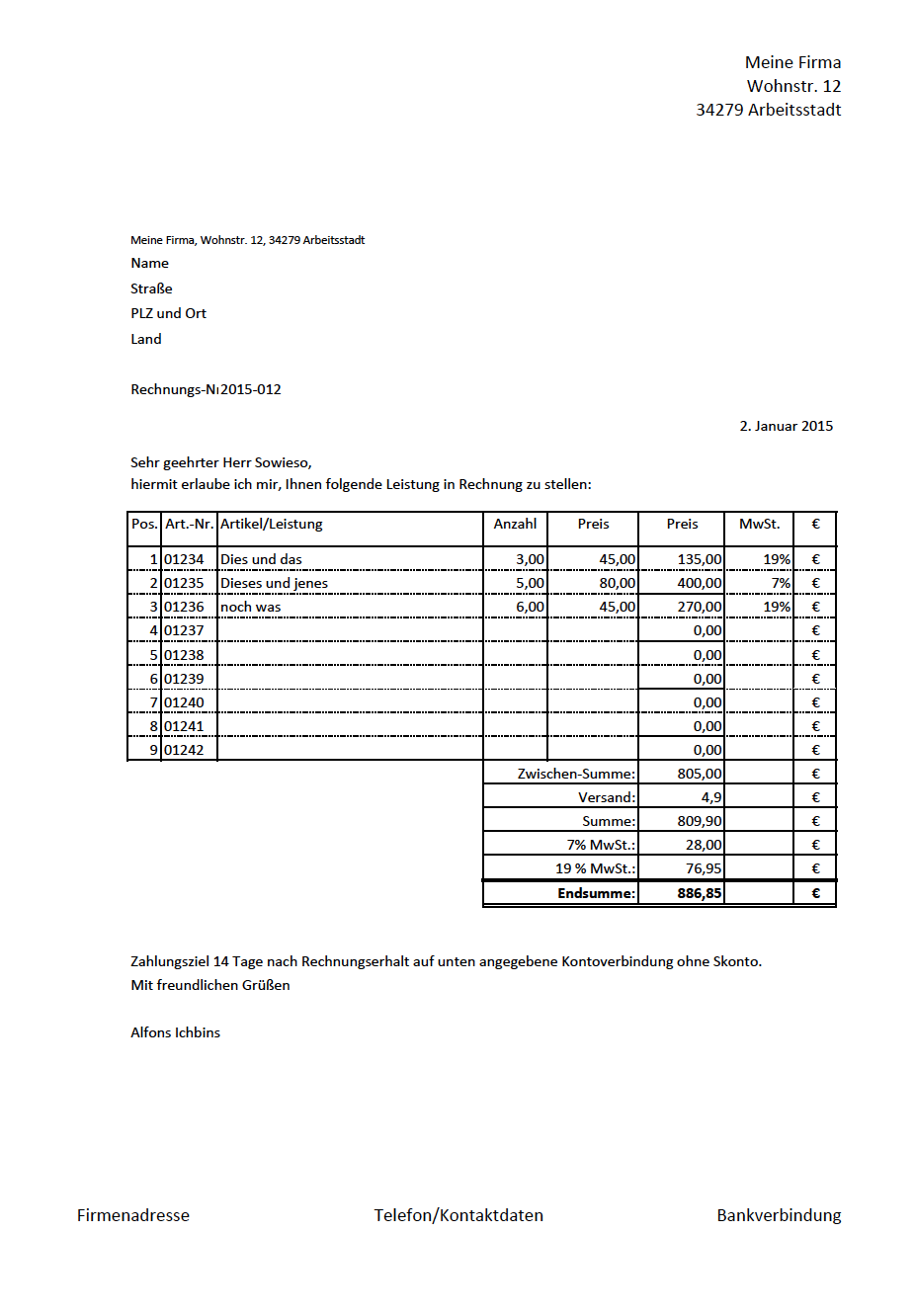 Rechnungsvorlage 7% und 19% MwSt.