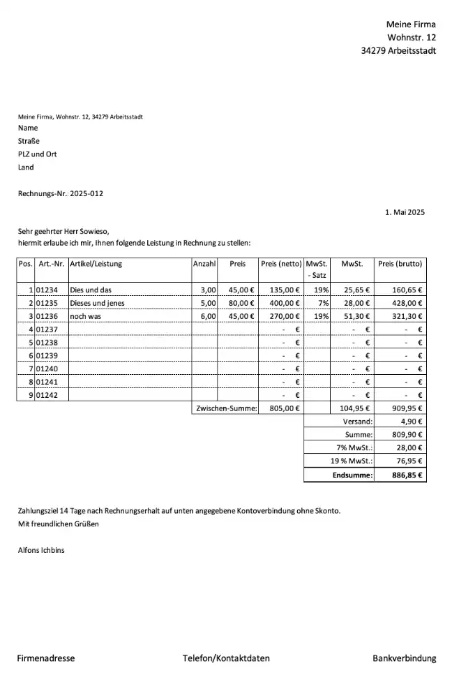 Excel-Vorlage Rechnung mit automatischer Mehrwert-Steuer-Berechnung (Screenshot der Rechnungsvorlage)