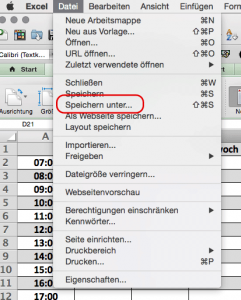 Datei speichern unter für Excelvorlage
