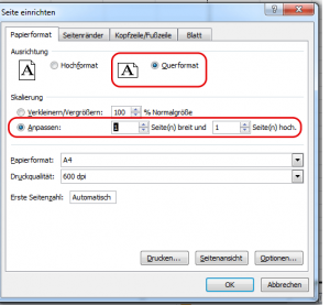 Auf Querformat und eine Seite stellen