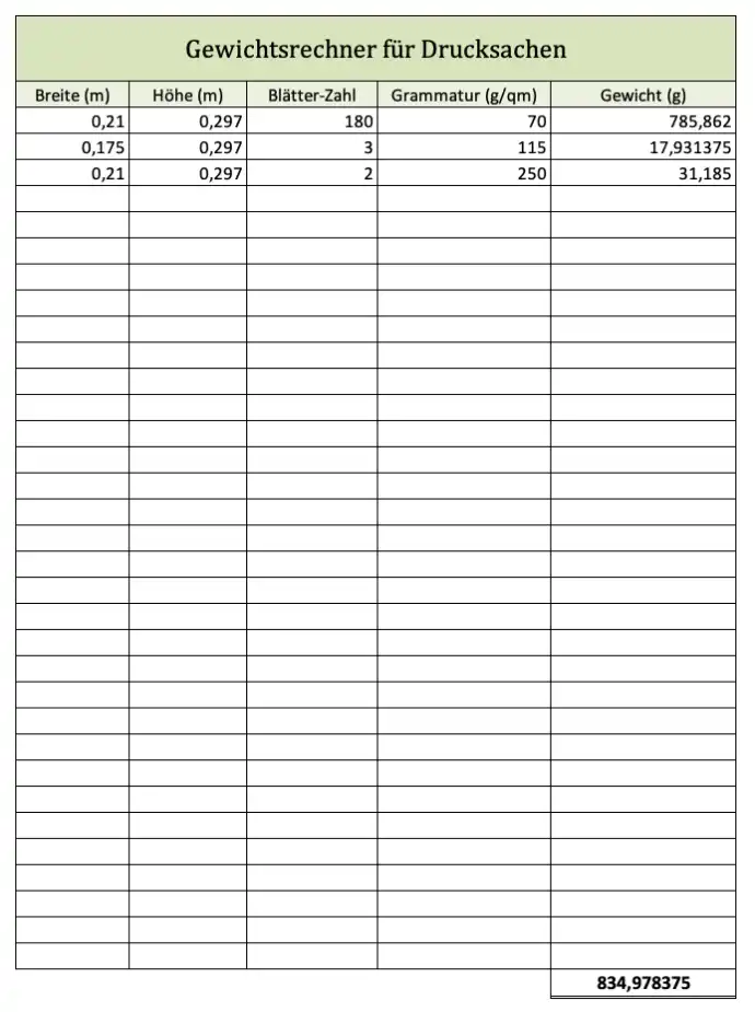 Gewichtsrechner für Drucksachen (Screenshot der Excel-Vorlage)