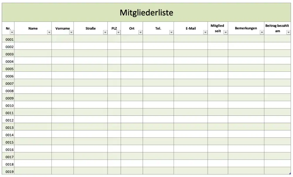 Mitgliederliste mit einer Excel-Vorlage