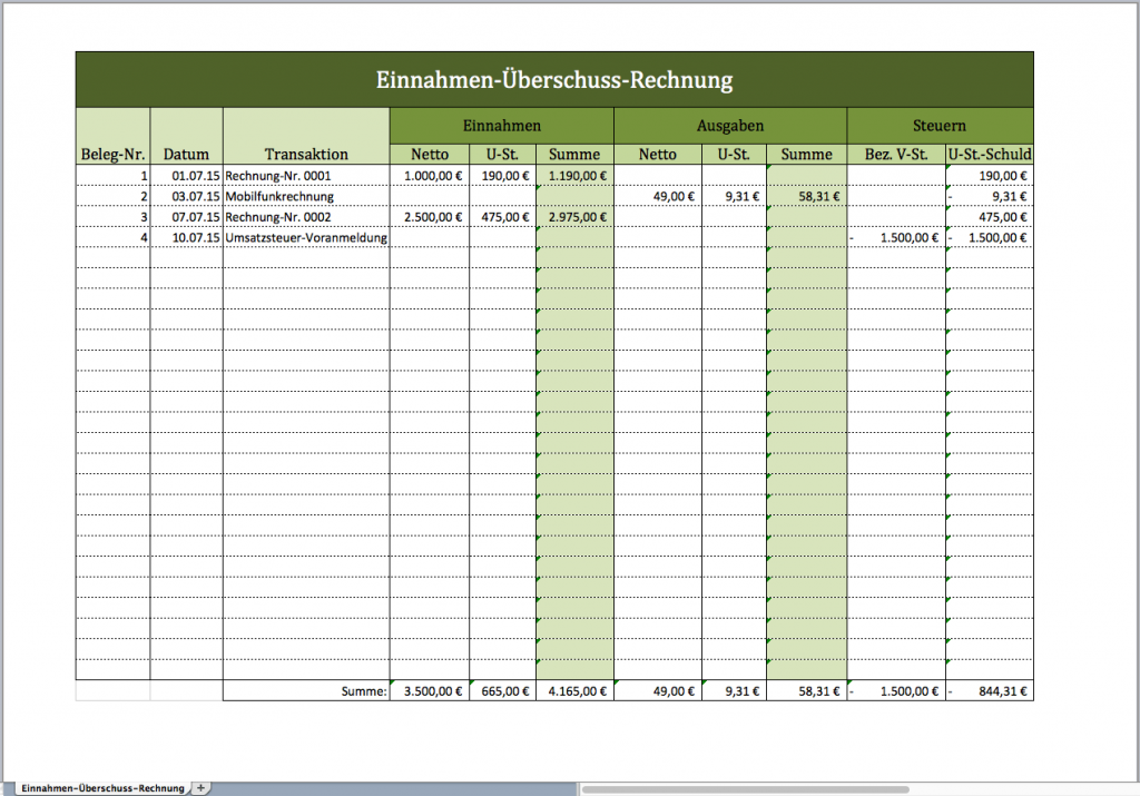 Einnahmen-Überschuss-Rechnung mit einer Excel-Vorlage