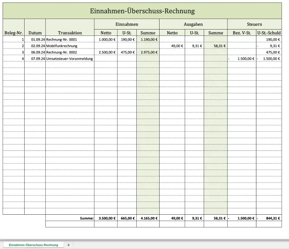 Einnahmen-Überschuss-Rechnung (EÜR) mit einer Excel-Vorlage