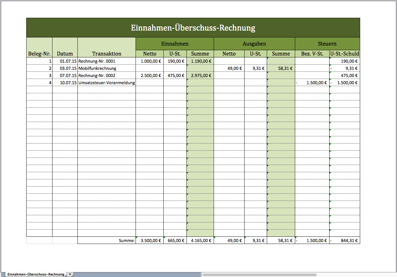 Einnahmen-Überschuss-Rechnung als Excelvorlage | Excel ...