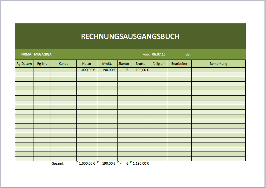 Rechnungsausgangsbuch als Excelvorlage