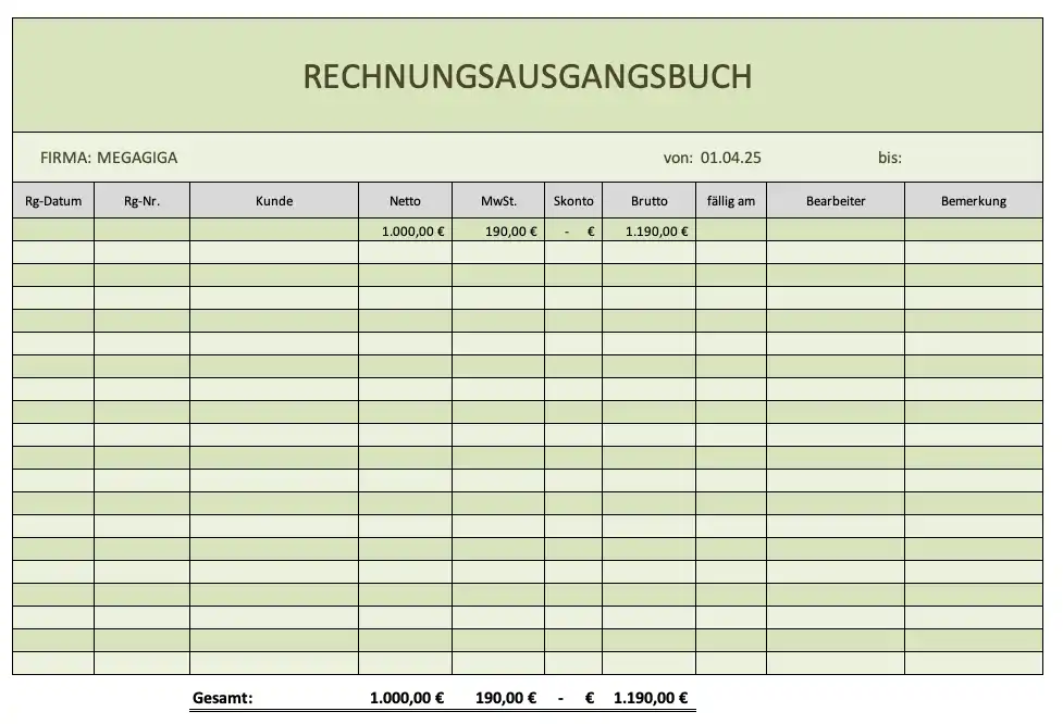 Rechnungsausgangsbuch - Screenshot der Excel-Vorlage