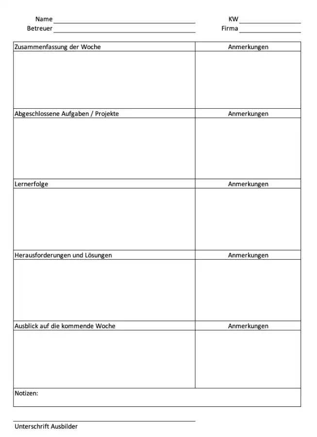 Wochenbericht für Azubis (Vorschau auf die kostenlose Excel-Vorlage)