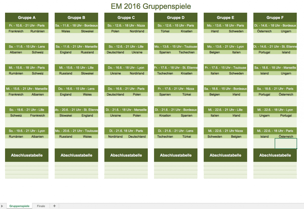 Gruppenspiel-Plan für die EM 2016