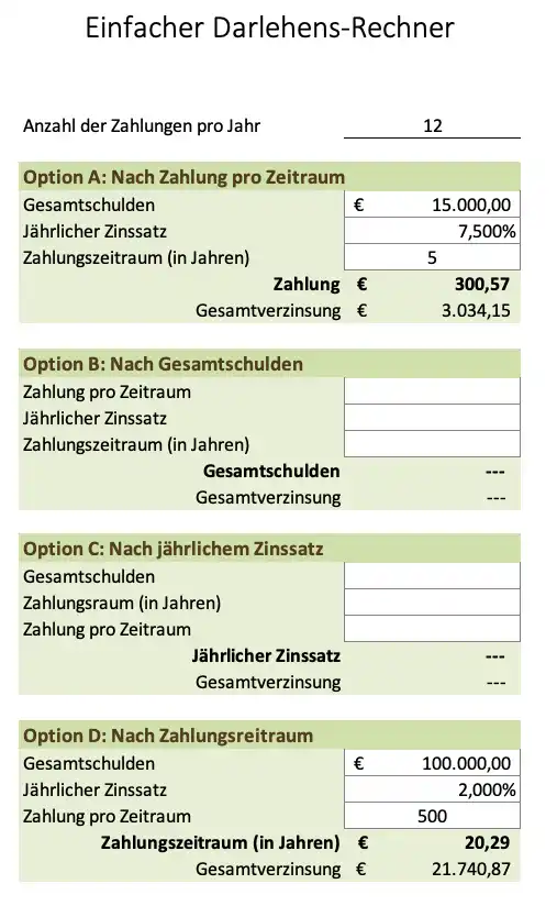 Darlehensrechner mit 4 Optionen als Excel-Vorlage (Screenshot)