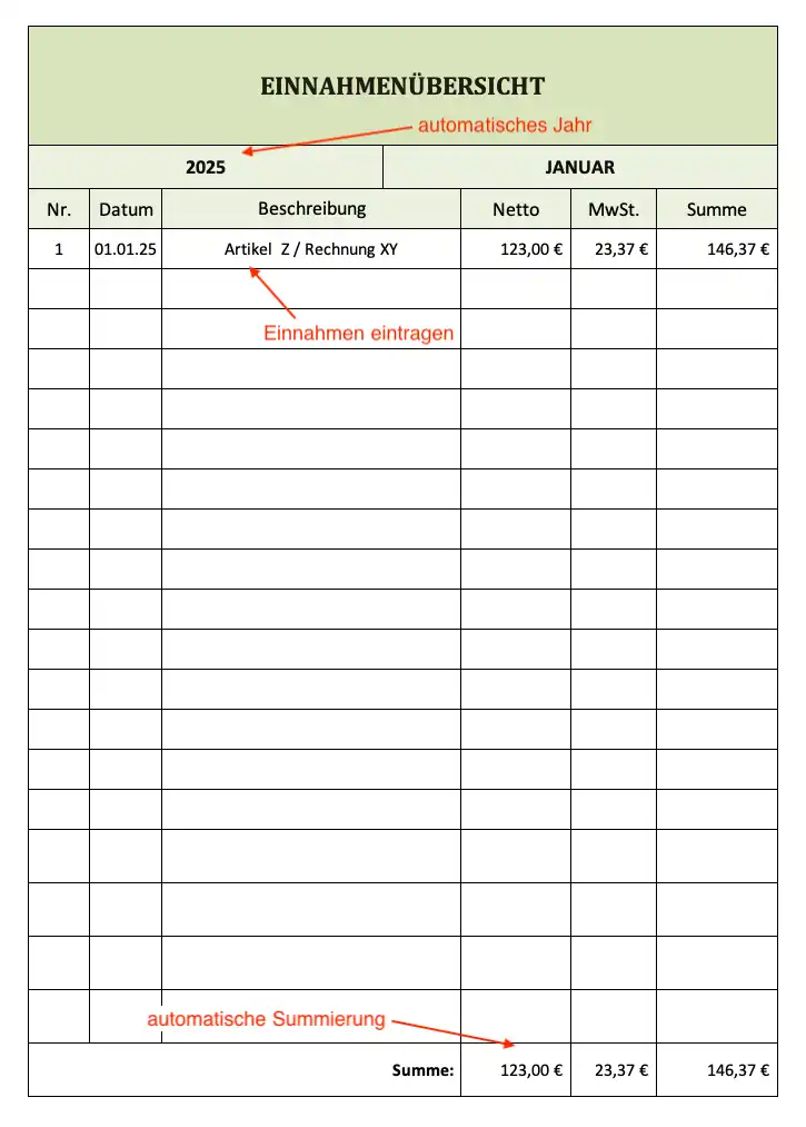 Einnahmen-Rechnung am Beispiel "Januar" (Screenshot der Excel-Vorlage)