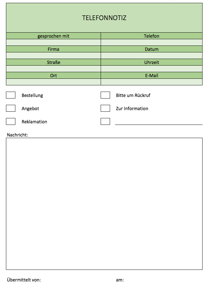 Telefonnotiz-Vorlage als PDF & für Excel | Excel Vorlagen ...