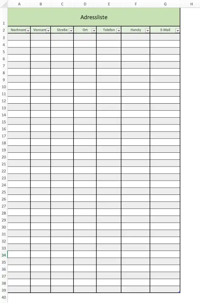Einfache Adressliste (Screenshot der Excel-Vorlage)