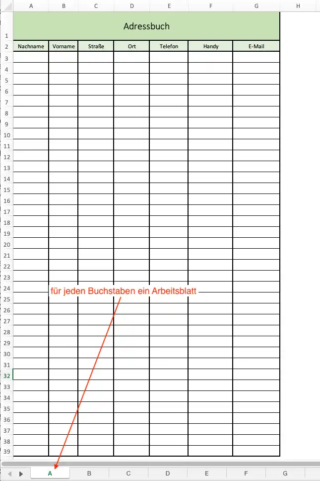 Adressbuch von A bis Z (Screenshot der Excel-Vorlage)