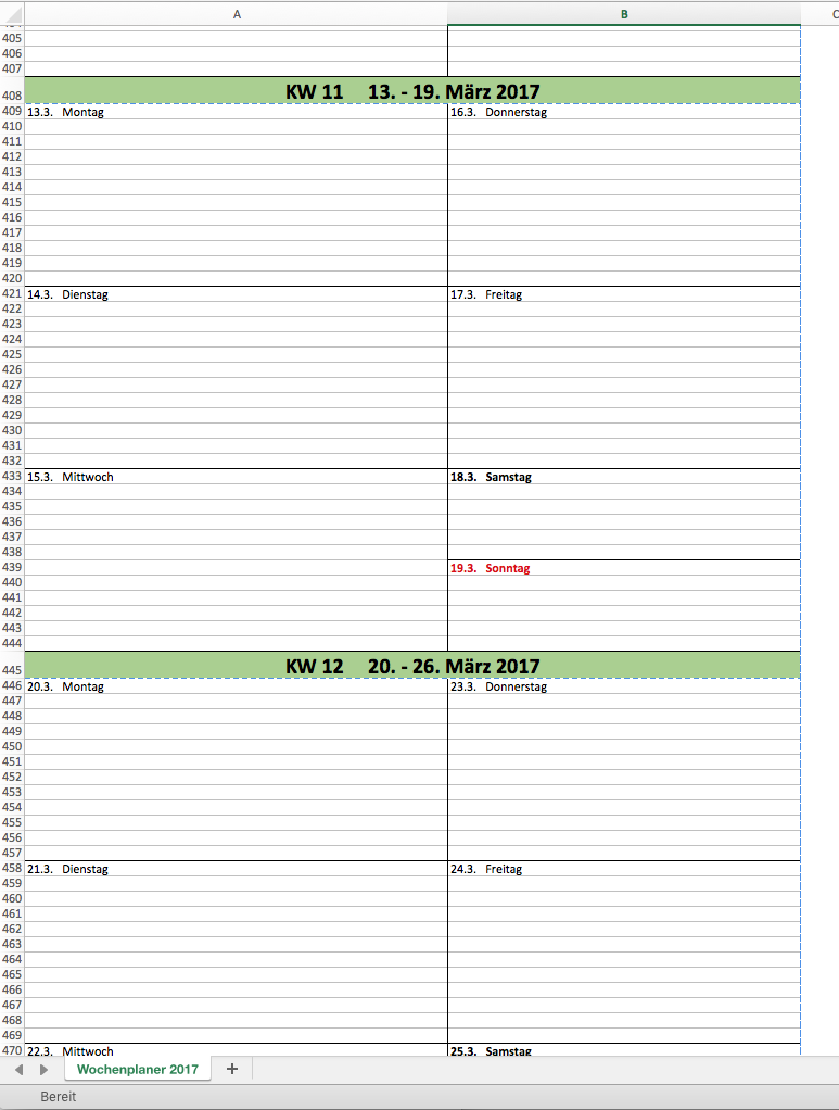 Wochen-Kalender 2017 mit Excel