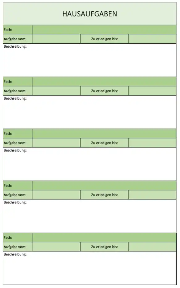 Hausaufgaben-Liste für Schüler, um keine Aufgaben zu vergessen (Screenshot der Excel-Vorlage)