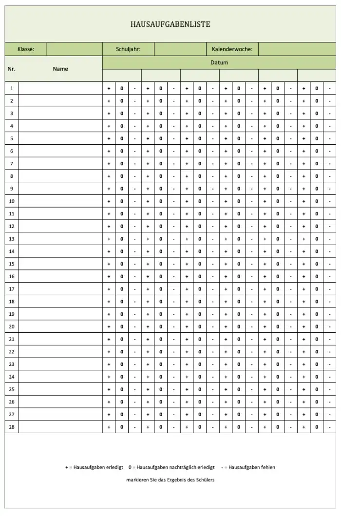Kontroll-Liste von Hausaufgaben für Lehrer (Screenshot der Excel-Vorlage)