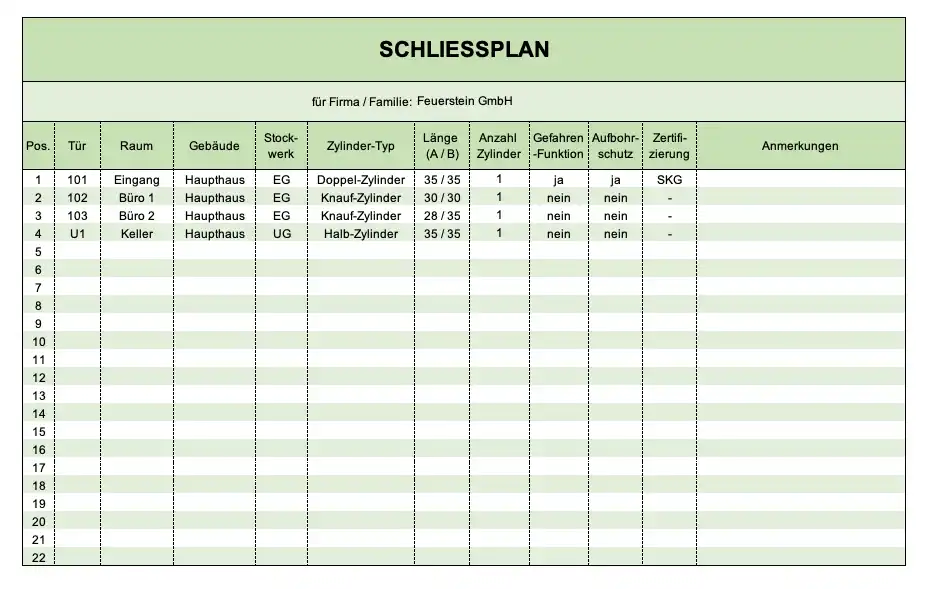 Schliessplan als Excelvorlage