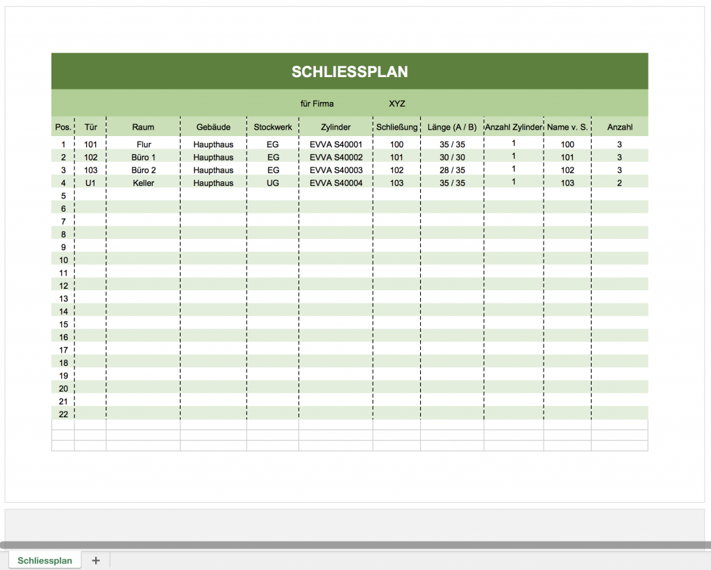 Schliessplan als Excelvorlage