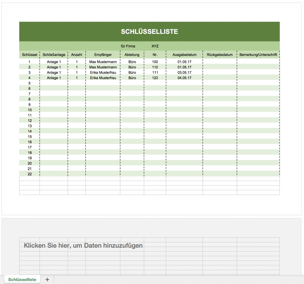 Schlüsselliste als Excelvorlage