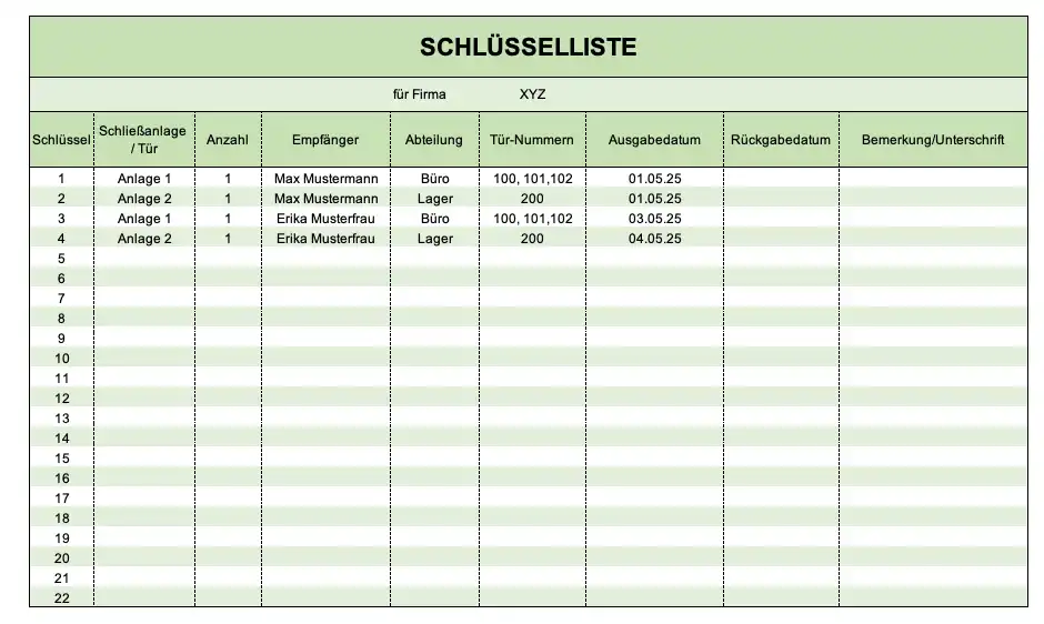 Schlüsselliste als Excel-Vorlage