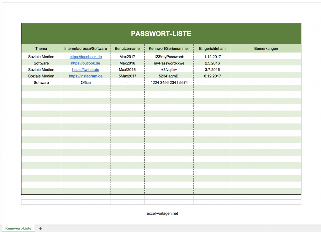 Passwortliste mit Excel