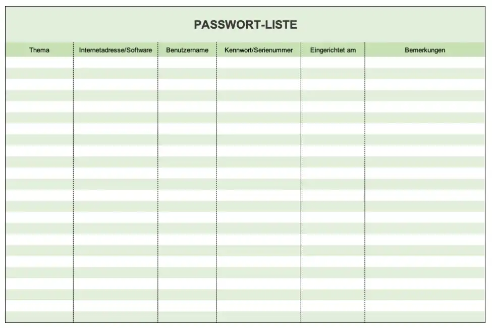 Passwort-Liste als Excel-Vorlage (Screenshot)